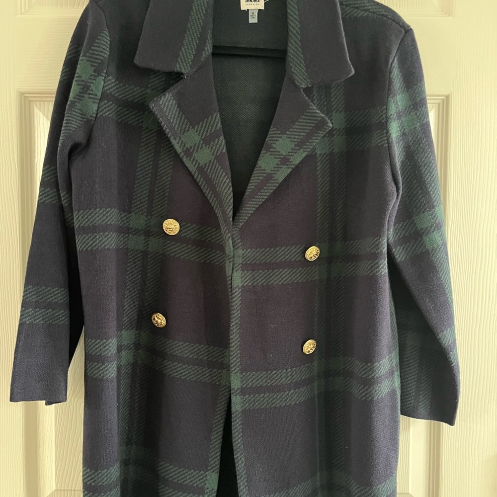 Anne Klein Navy and Green Plaid Pea Coat